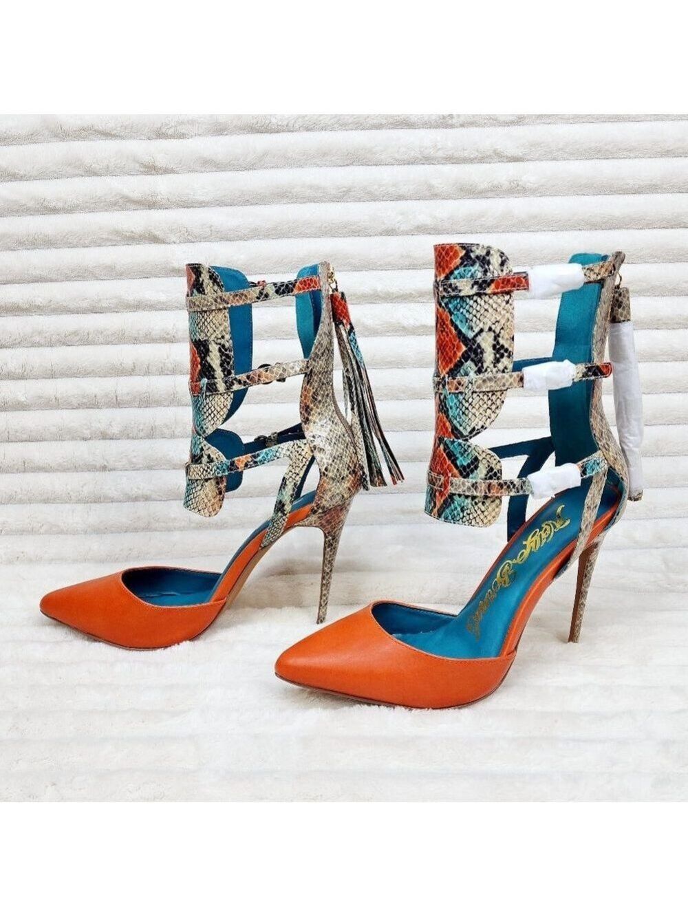 Unique Colorful Shoes Copper Snake Print Nelly Bernal Stiletto High Heels Tassle - Picture 7 of 8